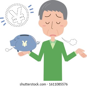 Illustration of an Elderly Man with No Money in Japanese Yen with a Piggy Bank