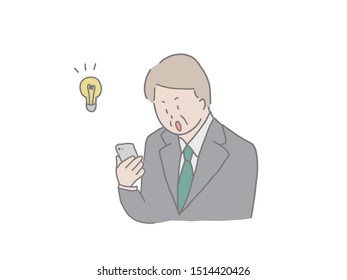 An illustration of an elderly man operating a smartphone. Easy to design with simple taste.