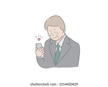 An illustration of an elderly man operating a smartphone. Easy to design with simple taste.