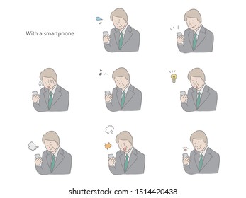 An illustration of an elderly man operating a smartphone. Easy to design with simple taste.