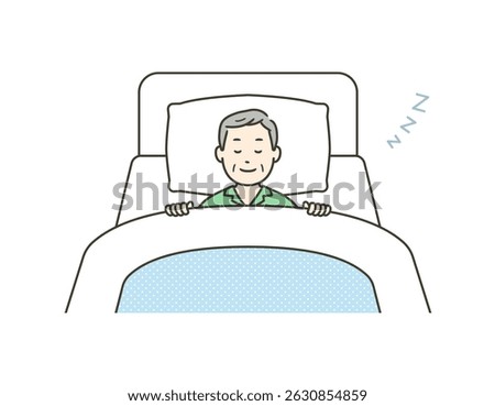 Illustration of an elderly man in pajamas sleeping peacefully in bed with a smile