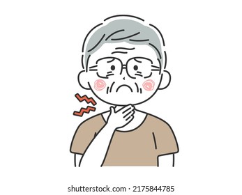 Illustration of an elderly man in plain clothes with a sore throat.