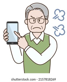 Illustration of an elderly man pointing at a smartphone and getting angry