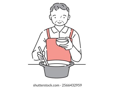 Illustration of an elderly man pouring soup from a pot