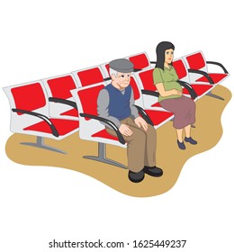 Illustration of an elderly man and pregnant woman in the waiting room, preferential care. Ideal for institutional and educational material