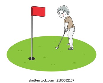 Illustration of an elderly man putting on a golf green.