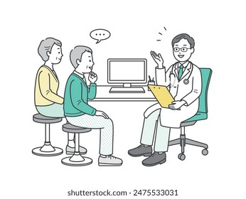 Illustration of an elderly man receiving a medical examination at a forgetfulness clinic, his accompanying wife, and a doctor