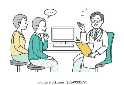 Illustration of an elderly man receiving a medical examination at a forgetfulness clinic, his accompanying wife, and a doctor