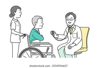 Illustration of an elderly man receiving a medical examination at a hospital and his accompanying nurse and doctor