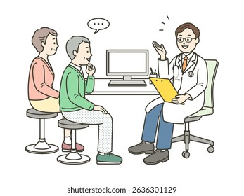 Illustration of an elderly man receiving a medical examination at a forgetfulness clinic, his accompanying wife, and a doctor