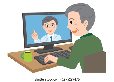 Illustration of an elderly man receiving online medical treatment by a doctor on his home computer