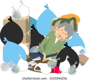 Illustration of an elderly man in a room buried in garbage.