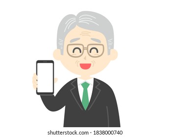 Illustration of an elderly man showing the screen of a smartphone.