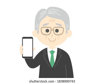 Illustration of an elderly man showing the screen of a smartphone.