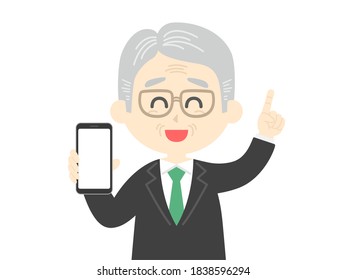 Ilustración de un anciano mostrando la pantalla de un smartphone.