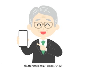 Illustration of an elderly man showing the screen of a smartphone.