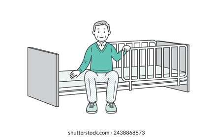 Illustration of an elderly man sitting at the bedside and a nursing care bed