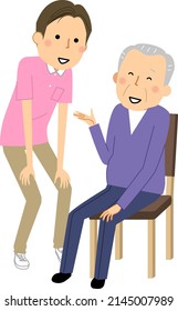 It is an illustration of an elderly man sitting on a chair and a caregiver.