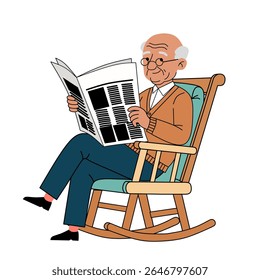 Ilustración de un anciano sentado en una mecedora leyendo un periódico. Personaje senior relajado en un entorno acogedor, perfecto para temas de retiro o de la vida adulta