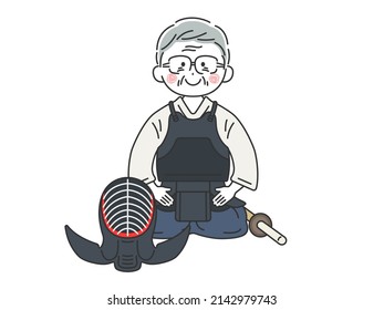 Illustration of an elderly man sitting upright wearing a kendo kimono.