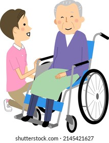 It is an illustration of an elderly man sitting in a wheelchair and a caregiver.