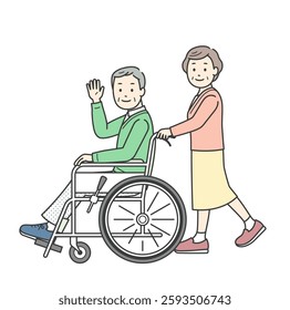 Illustration of an elderly man sitting in a wheelchair waving his hand and an elderly woman providing assistance