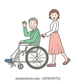 Illustration of an elderly man sitting in a wheelchair waving his hand and a young woman assisting him