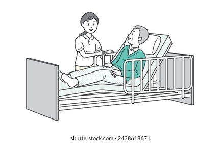 Illustration of an elderly man sleeping in bed and a caregiver assisting him