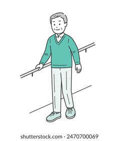 Illustration of an elderly man smiling and doing walking training while holding onto a handrail