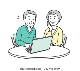 Illustration of an elderly man smiling and operating a laptop computer and an elderly woman watching over him