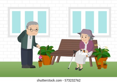 Illustration of an elderly man standing and elderly woman sitting on a bench outside a house.