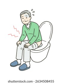 Illustration eines älteren Mannes, der an Bauchschmerzen aufgrund von Durchfall oder Verstopfung leidet und auf der Toilette bleibt