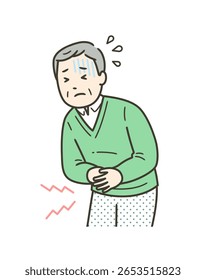 Illustration of an elderly man suffering from abdominal pain and holding his stomach