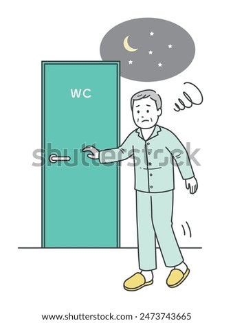 Illustration of an elderly man suffering from frequent nighttime urination who feels the need to urinate during sleep and goes to the toilet