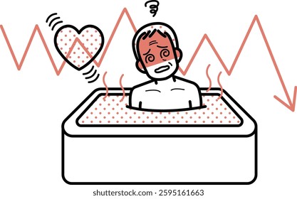 Illustration of an elderly man suffering heat shock in a bathroom.