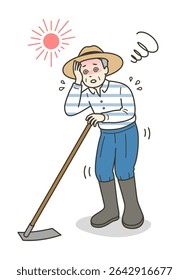 Ilustração de um homem idoso que sofre de derrame de calor e tontura enquanto trabalha em uma fazenda