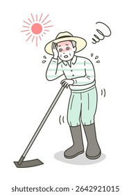 Ilustração de um homem idoso que sofre de derrame de calor e tontura enquanto trabalha em uma fazenda