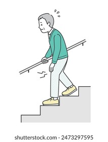 Illustration of an elderly man suffering from knee pain and going down the stairs