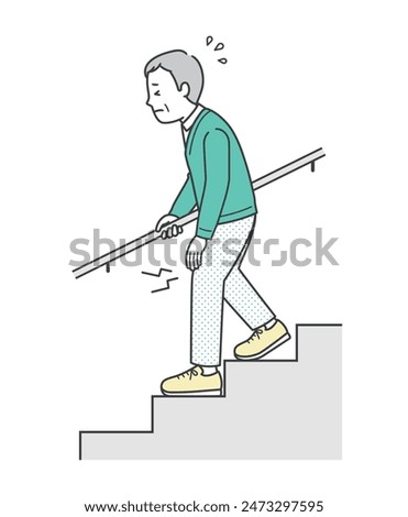 Illustration of an elderly man suffering from knee pain and going down the stairs