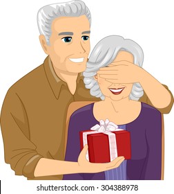 Illustration of an Elderly Man Surprising an Elderly Woman with a Gift