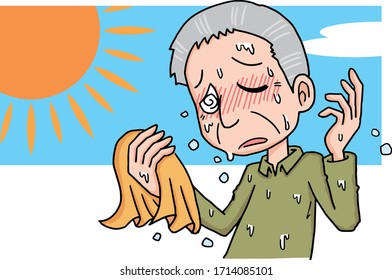 Illustration of an elderly man sweating and getting heat stroke