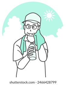 Illustration of an elderly man taking a break for a drink of water