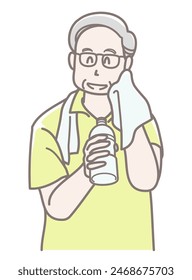 Illustration of an elderly man taking a break for a drink of water