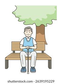 Illustration of an elderly man taking a break on a bench in the shade of a tree in summer
