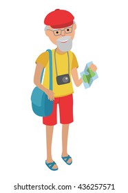 Illustration of elderly man tourist isolated on white background. Senior man holding bags and booklet in her hands. Senior man illustration on flat style.