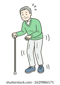An illustration of an elderly man with tremors walking cautiously with a cane