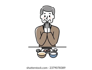 Illustration of an elderly man trying to eat a meal