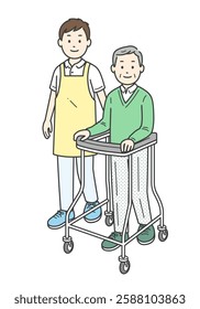 Illustration of an elderly man using a walker and a young man assisting him