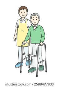 Illustration of an elderly man using a walker and a young man assisting him