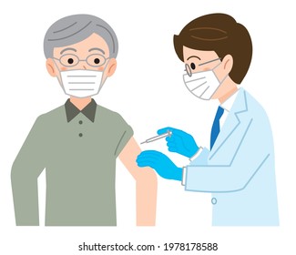 Illustration of an elderly man vaccinated by a doctor